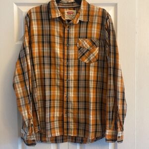Levis Plaid Button Down Shirt Mens Size M Orange Grey Long Sleeve Cotton Ranch